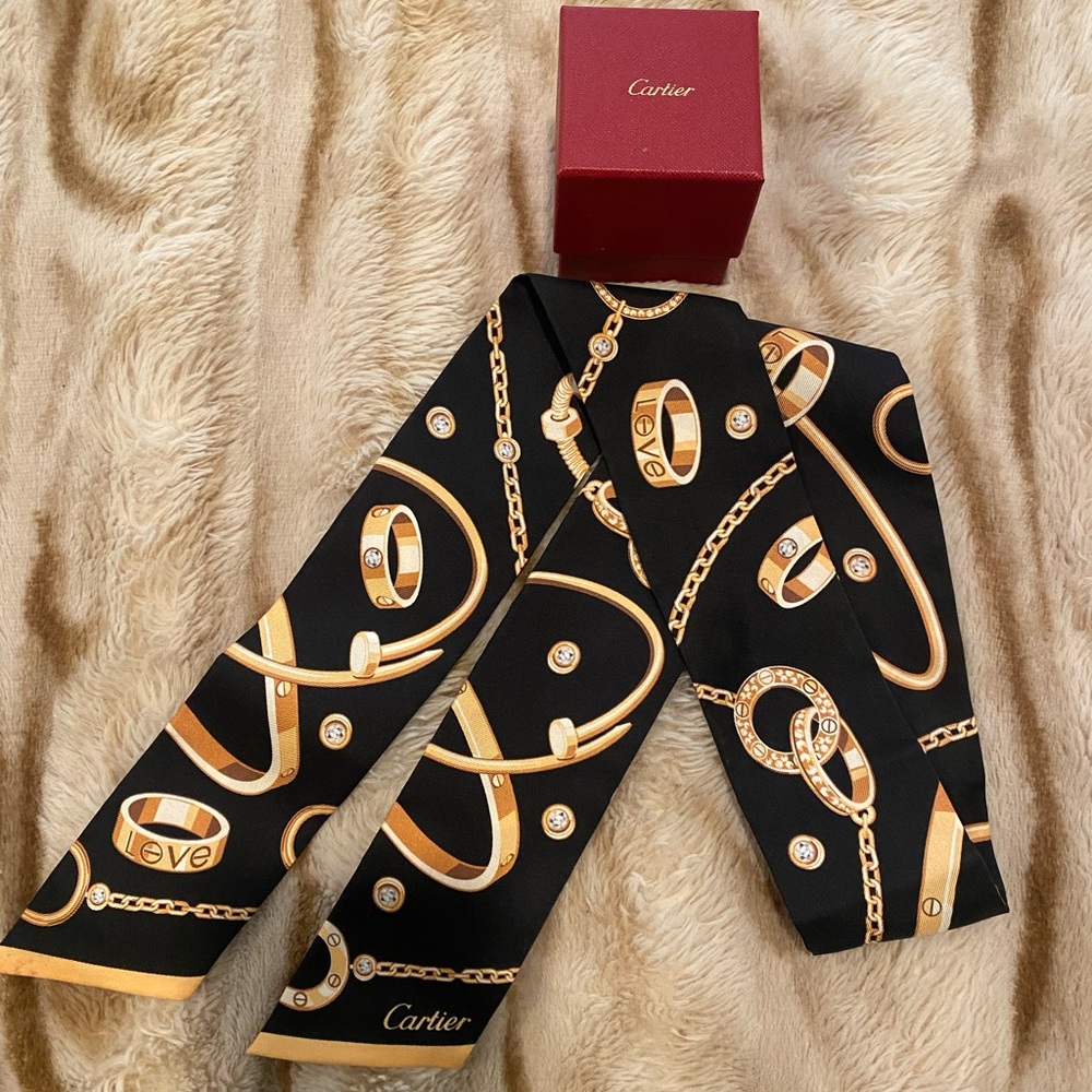 Cartier Black and Gold twilly Scarf new in Box Giftbox bag and receipt- sold out